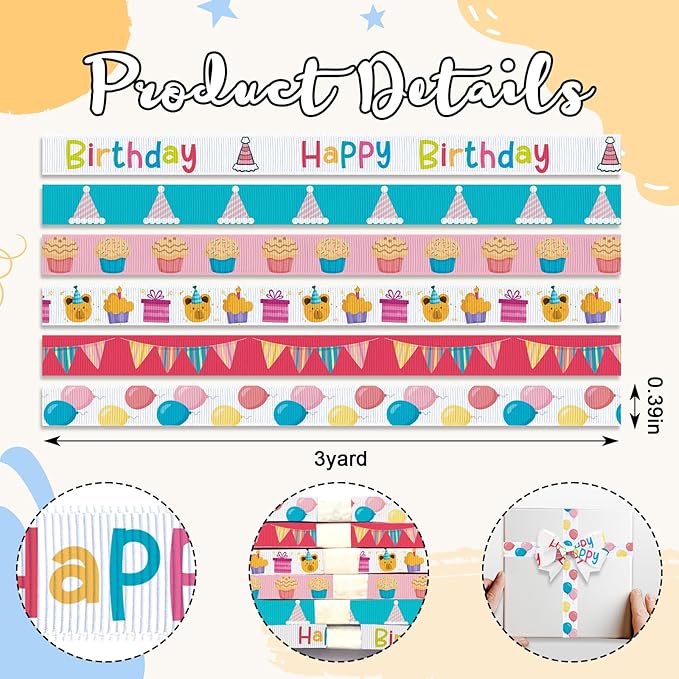6 PCS Birthday Ribbons for Crafting, 3/8" Width Grosgrain Ribbons Pink Blue Ribbon Birthday Cake Balloons Flags Craft Ribbons for Gift Wrapping Birthday Baby Shower Decoration