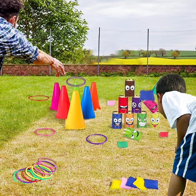 36PCS Carnival Games Combo Set 4 in 1 Bean Bag Toss Can Games Plastic Cone Ring Toss Game for Indoor Outdoor School Field Day Birthday Party Yard Game for Kids Adults