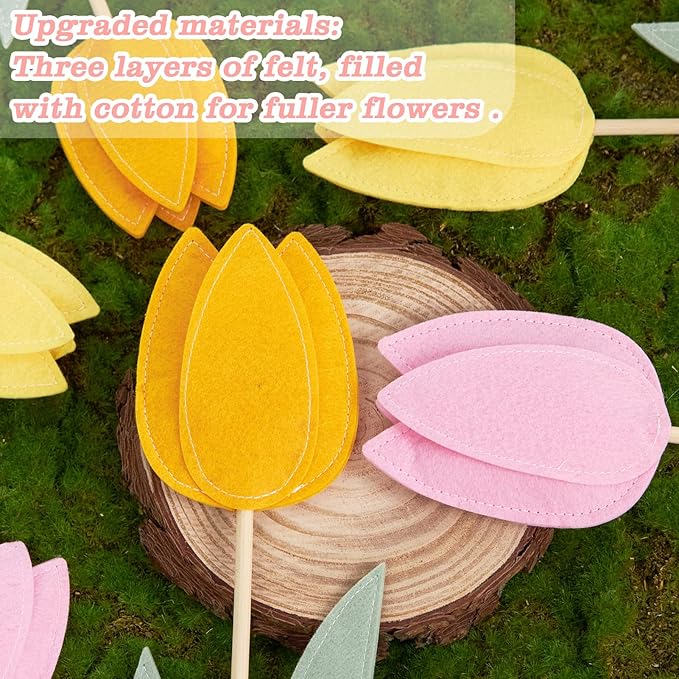 SUNBEAUTY 6Pcs Spring Tulips Flower Table Decoration Tulip Felt Centerpiece Pink Yellow Orange Tulips Mothers Day Table Decorations Tabletop Signs for Easter Garden Home Party Mothers Day Decor