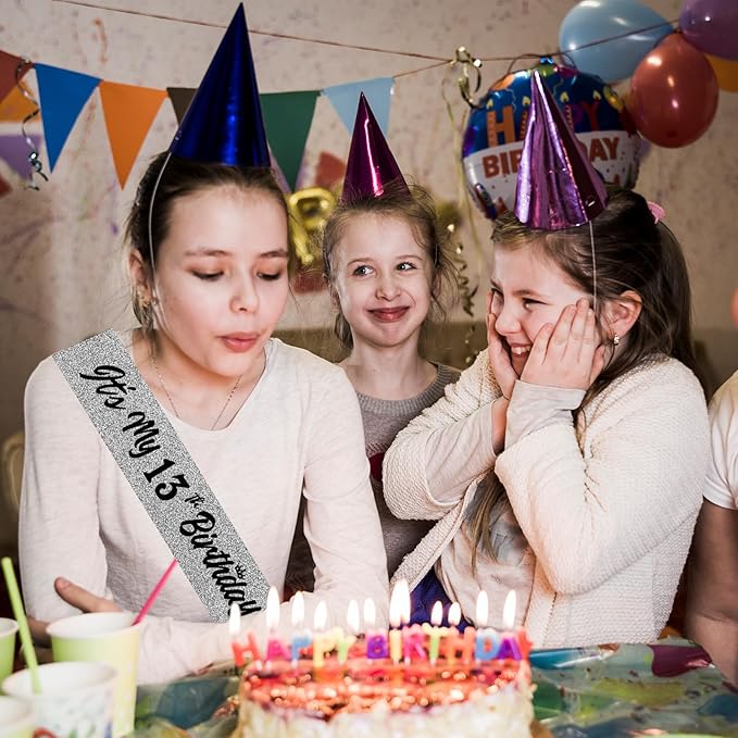 It's My 13th Birthday Sliver Sash - Sparkling 13 Official Teenager Satin Sash for Boy Girl - 13 Thirteen Years Old Birthday Party Decorations