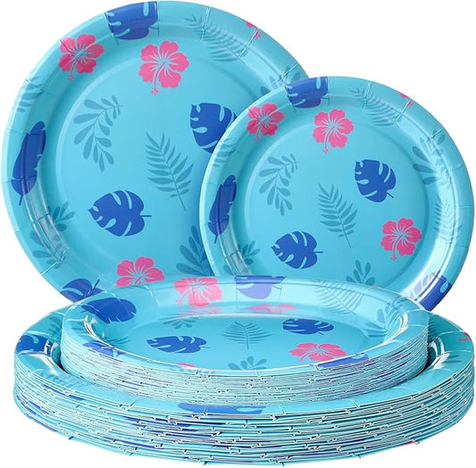 Zhehao 50 Pcs Birthday Party Plates 7 Inch 9 Inch Blue Cartoon Theme Disposable Paper Plates Tropical Hawaii Party Decorations for Summer Holiday