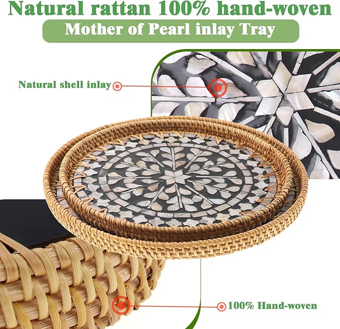 Round Rattan Tray with Mother of Pearl Inlay, Handwoven Wicker Coffee Table Serving Basket Tray for Fruit Snack Party Picnic Cafe Bedroom Kitchen Home Decor Set of 2 (Black Willow)