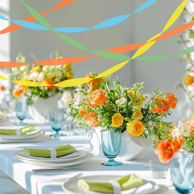8 Rolls Crepe Paper Streamers, Orange, Yellow, Green and Blue Streamers Party Decorations for Birthday Baby Shower Bridal Shower Wedding Bachelorette Party Boho Decor