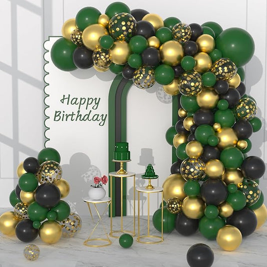 Dark Green Black Gold Balloon Garland Arch Kit, 122PCS Black Dark Green Metallic Gold Confetti Balloon for Jungle Birthday Wedding Anniversary Retirement Graduation Football Army Camo Party Decoration