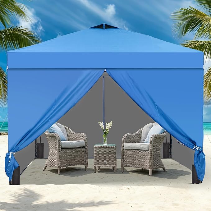 GDY 10x10FT Pop-Up Canopy Tent — Water-Resistant, UV-Protective Fabric, Portable Outdoor Event Tent with 4-Side Walls & Vented Top, Blue.