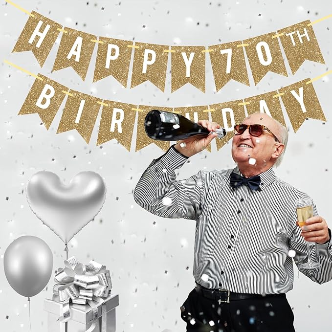 Netnology Pre-Strung Gold Happy 70th Birthday Banner Decorations,12 ft No DIY Gold Glitter 70th Birthday Party Banner Sign Decor for Women Men Girl Boy Party Supplies