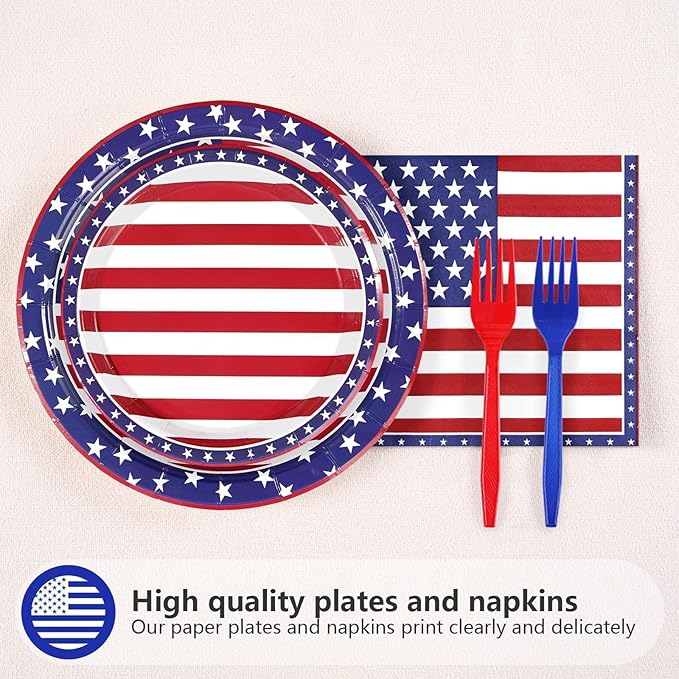 96Pcs 4th of July Patriotic Party Supplies Memorial Day Patriotic Paper Plates and Napkins US American Flag Disposable Tableware for 4th of July 250th Anniversary Party Decorations Serve 24