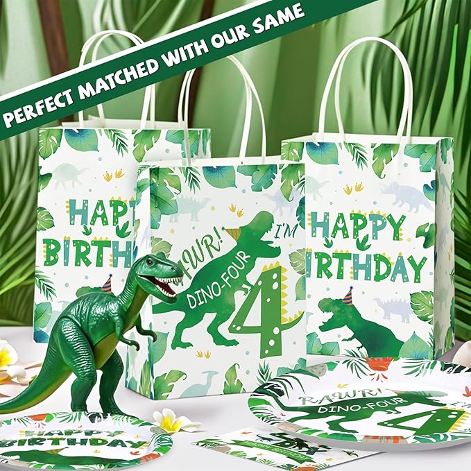 Grencian 16 Pcs Dinosaur 4th Birthday Party Favor Bags Roar Im Four Dinosaur Candy Treat Gift Goodie Bags with Handles Dino Four Year Old Birthday Decorations for Boys 4 Year Old Party Decorations Favors Supplies