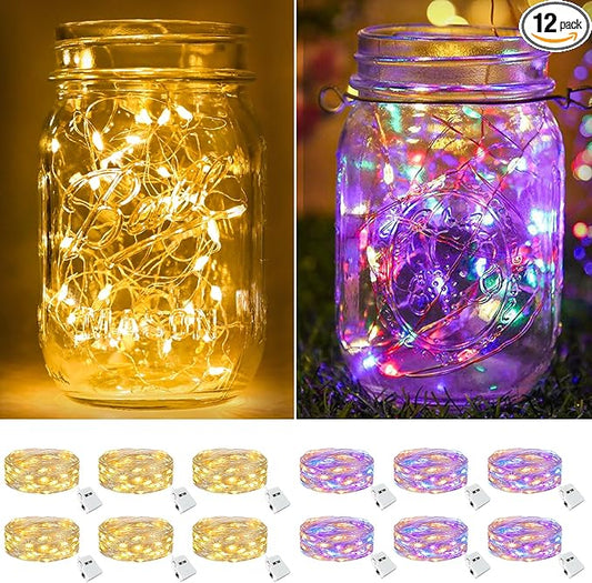 btfarm 12 Pack Fairy Lights Battery Operated [3 Modes], 7ft 20 Led Twinkle String Lights Waterproof Bulk Small Mini Sliver Wire for Christmas Mason Jars Wedding Table Centerpiece, Warm White/Colorful