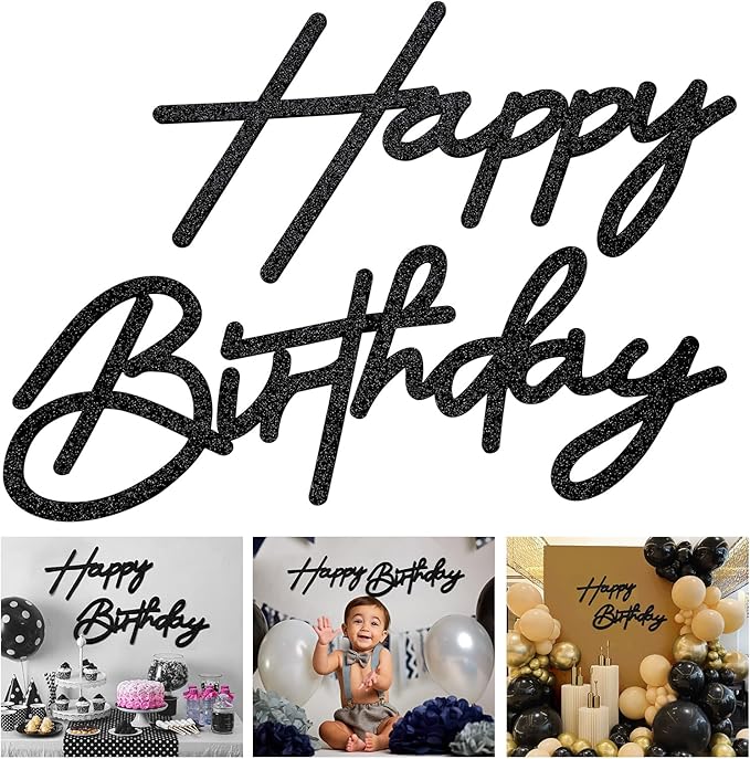 Black Happy Birthday Felt Sign for Backdrop - Glitter Black Happy Birthday Letters Signs Remove for Balloon Arch Party Large Happy Birthday Sings for Baby Girl Women Party Baby Shower Decorations