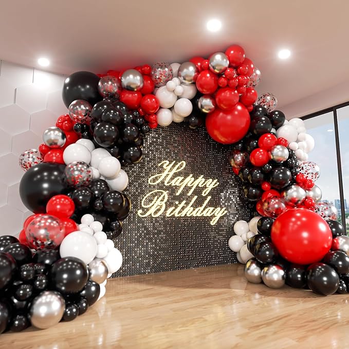 Red Black and White Balloon Arch Kit, ADOINBY 140Pcs Red and Black White Silver Garland kit, 18 12 10 5 Inch Different Size Balloons for Birthday Party Anniversary Racing Car New Year Prom Decorations
