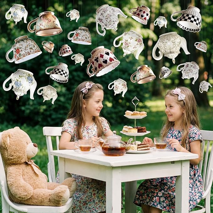 24pcs Tea Party Hanging Decorations, Teapot and Teacup Paper Garland Banner, 3 Sizes Wonderland Style Decor for Onederland Birthday and Baby Shower