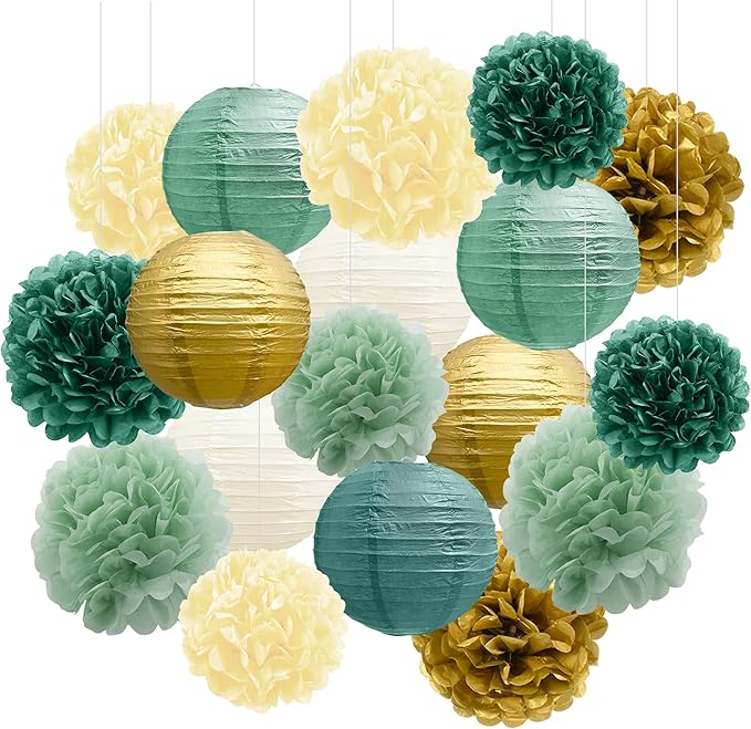 BEISHIDA Green Gold Tissue Hanging Paper Flowers Lanterns Party Decorations Set for Birthday Graduation Baby Shower Bridal Bachelorette Wedding Photo Booth Backdrops Party Supplies(18 Packs)