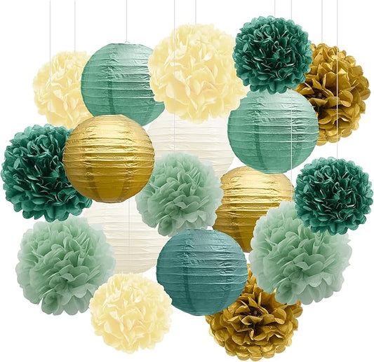 BEISHIDA Green Gold Tissue Hanging Paper Flowers Lanterns Party Decorations Set for Birthday Graduation Baby Shower Bridal Bachelorette Wedding Photo Booth Backdrops Party Supplies(18 Packs)