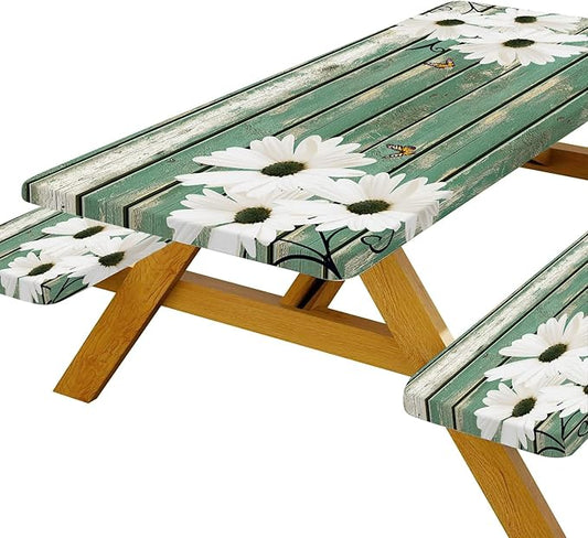 Picnic Table Cover with Bench Covers Daisy Flowers Wooden Floral Waterproof Windproof Fitted Outdoor Tablecloth with Elastic Rectangle Table Cloth Camping Accessories,96x30 Inch
