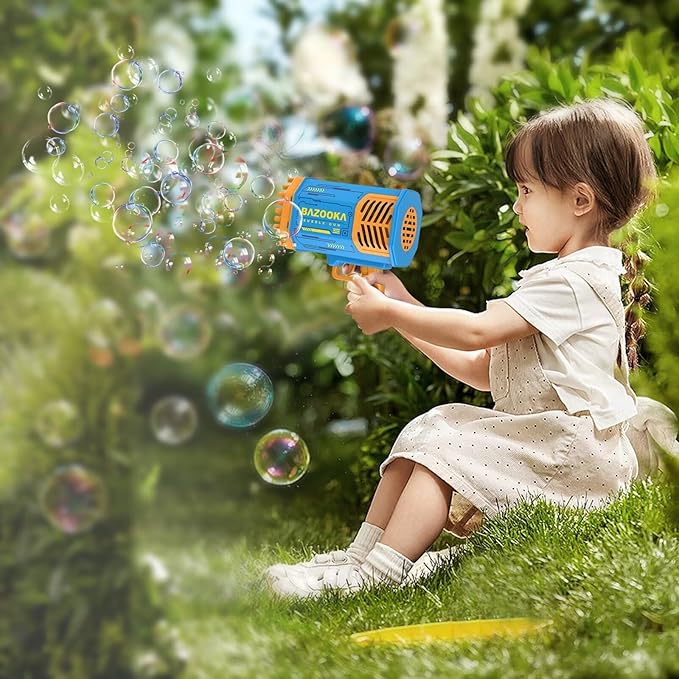 Bubble Gun Bazooka Machine with Solution - 69 Holes Blaster for Outdoor Summer Toy, Party Favors - Blue Easter Bubble Maker Blowers for Kids