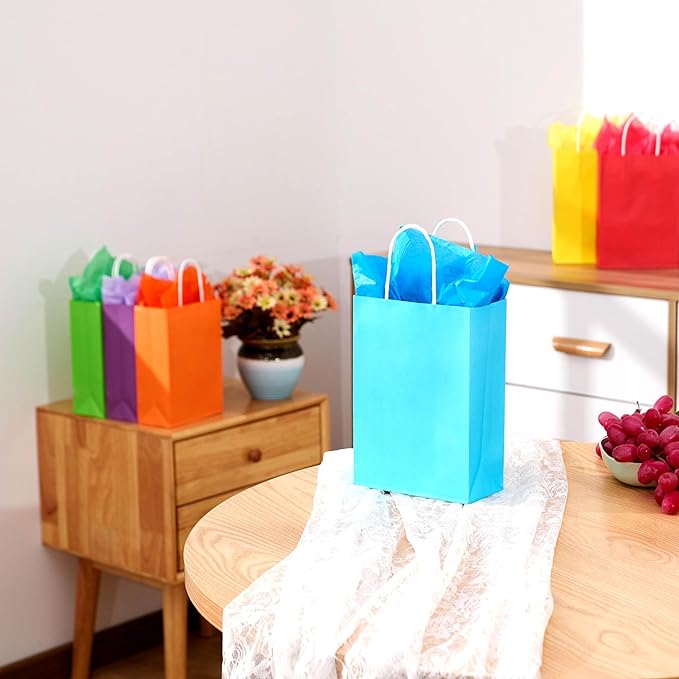 SUNCOLOR Rainbow Gift Bags with Tissue Paper, 24 Pack Small Paper Party Bags, 7.9 x 5.12 x 3.15 Inches, 6 Colors with Handles for Birthday Celebrations, Kids Parties