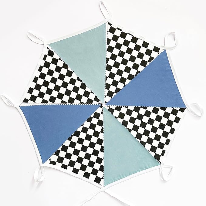 32Ft Racing Party Decorations Dusty Blue Black White Checkered Racing Car Fabric Banner Triangle Flag Pennant Garland Streamers for Boys Race Car Birthday Racetrack Baby Shower NASCAR Picnic Decor