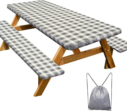 Picnic Table Cover with Bench Covers Camping Essentials Waterproof Windproof Camping Tablecloth with Drawstring Bag, Fitted Rectangle Tables and Seats, 72in, Gray White