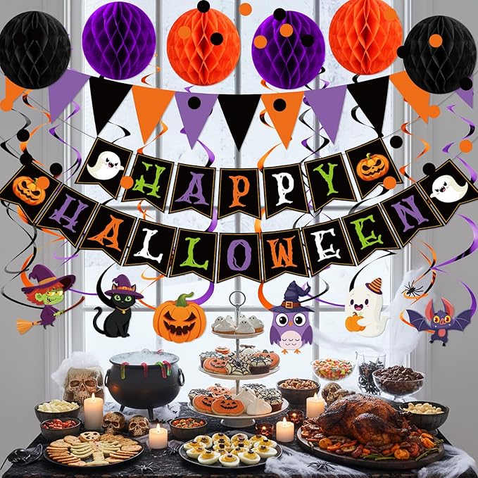 Clabby Halloween Party Decorations Kit Happy Halloween Banner Hanging Swirls Cutouts Triangle Flag Bunting Circle Confetti Dots Garland Black Orange Purple 3D Honeycomb Ball for Birthday Baby Shower