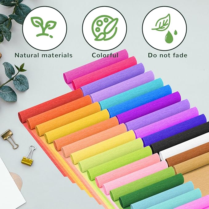 Crepe Paper Streamers 30 Rolls, 10 x 98Inch 30 Rainbow Colors Crepe Paper Sheets for DIY Gift Colourful Paper Flower Wrapping Paper Crafts Birthday Wedding Holiday Party Decorations
