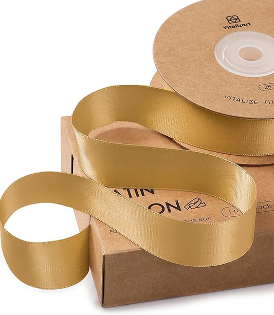 Vitalizart Gold Ribbon for Gift Wrapping 1" x 25Yd Double Face Continuous Functional Satin Ribbon for Crafts Silk Like Fabric Flower Bouquet Birthday Party Decorations Bridal Shower Wreath Hair