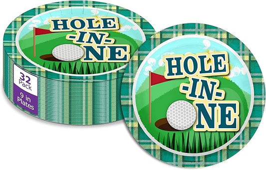 Hole in One Golf First Birthday - 32 Piece Disposable Party Supplies - Decorations for Golfing 1st Birthday Round Party Plates - Large 9" Paper Plates In Bulk