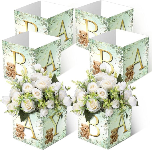Bucherry 6 Pcs Baby Shower Centerpieces with Letters, 7" Baby Blocks Flower Boxes for Table Decorations, Gender Reveal Party Supplies & Photo Props(Green,Green Bear)