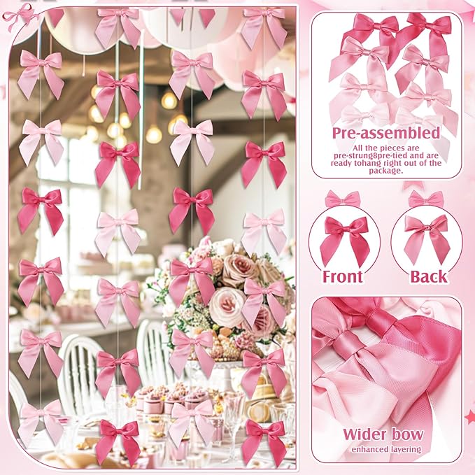 Taobary 8 Pcs 6.6 ft Bow Garland, Satin Ribbon Bow Banner Coquette Hanging Ornament for Photo Backdrop Birthday Party Wedding Bridal Baby Shower Wall Decorations(Classic Pink,1.5 Inch)