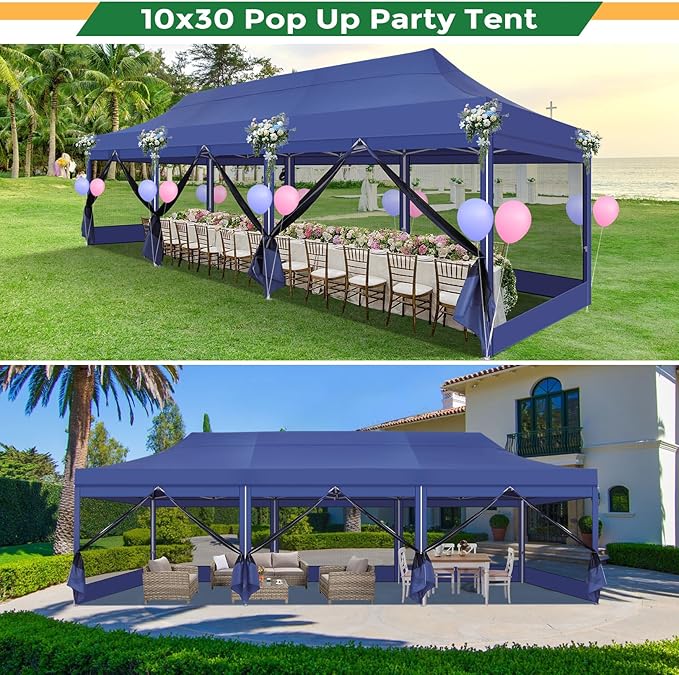 COBIZI 10x30 Heavy Duty Pop Up Canopy with 8 Mosquito Netting Wall, Easy Set Up Commercial Gazebo Party Tent, Outdoor Instant Screen Canopy for Backyard, Patio, Garden, Dark Blue