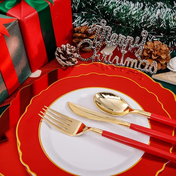WDF 30Guest Red Plastic Plates - Gold Plastic Silverware With Red Handle - Red Plates Disposable- Baroque Plastic Dinnerware for Wedding Baby Shower Spring Birthday