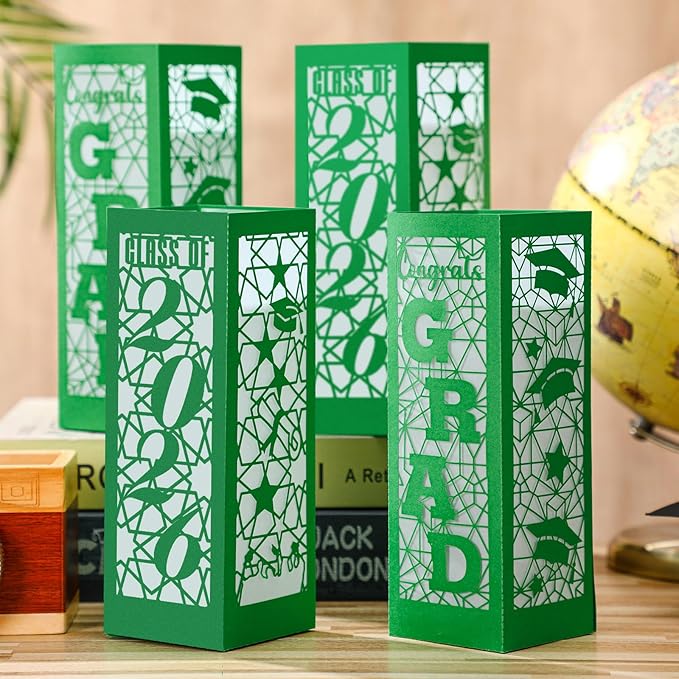 Rossesay 12 Pcs Graduation Table Centerpieces Boxes Class of 2026 Graduation Lanterns for Centerpieces with LED Candles Congrats Grad School College Photo Props for Party Table Decoration (Green)