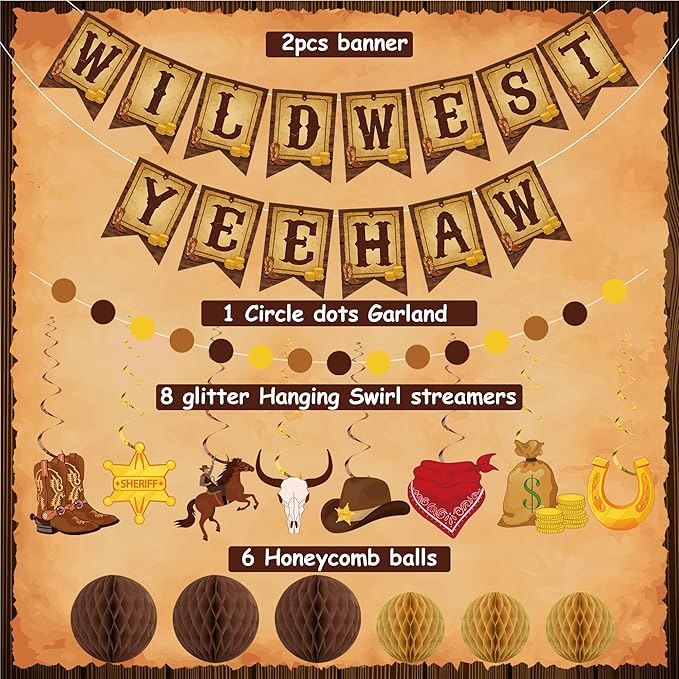 Western Party Decorations Pre-Strung Wild West Yee Haw Banner West Cowboy Hanging Swirls Honeycomb Balls Circle Dots Garland Ceiling Streamers for boys Western Cowboy Themed Birthday Party Decor