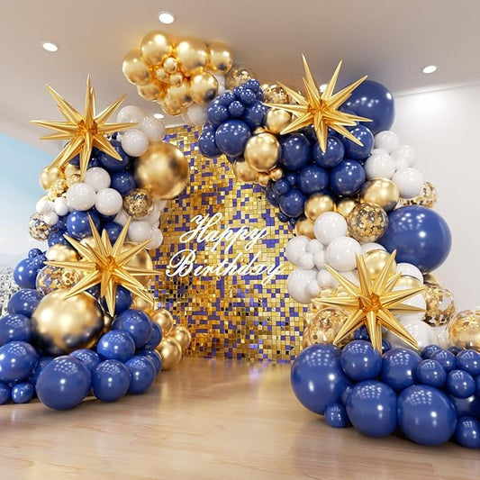 Navy Blue and Gold Balloon Garland Arch Kit 153pcs with Star, 22 18 12 10 5in Different Size Navy Blue Gold White Confetti Latex Balloons for Graduation Baby Shower Birthday Party Decorations