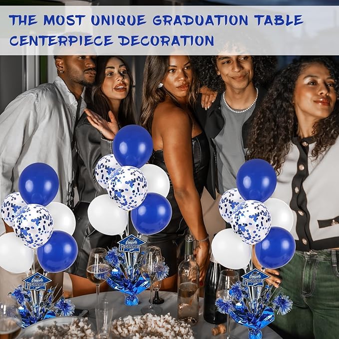 4 PCS Graduation Centerpieces for Tables Balloons Stand Holder Kit College Graduation Decorations 2026 Metallic Glitter Foil Balloon for Graduation Party Decorations Prom Send off Party(4, Blue White)