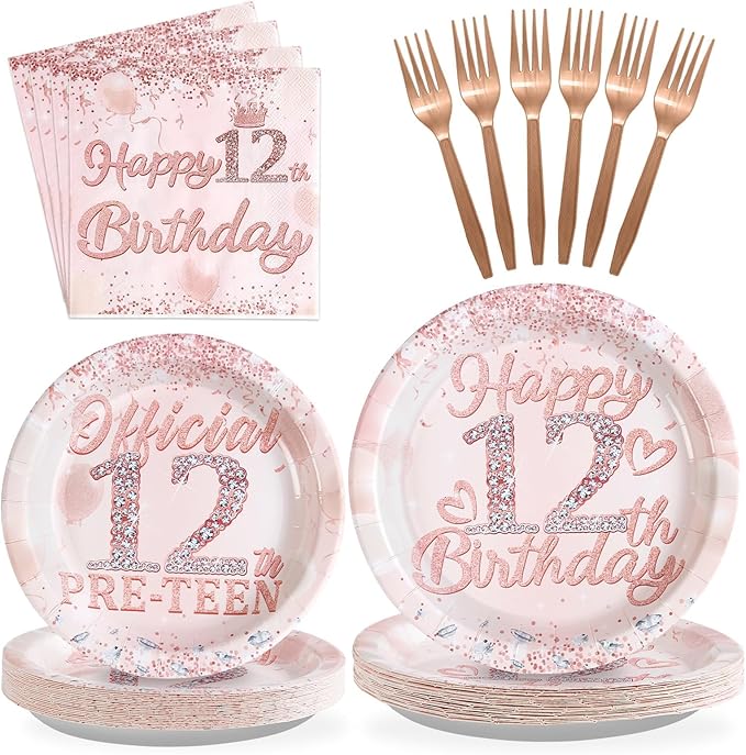 Grencian 12th Birthday Decorations Rose Gold 12th Birthday Plates and Napkins Disposable Rose Gold Official 12 Pre-Teen Paper Tableware Set for Girls 12 Year Old Graduation Party Supplies, Serves 24