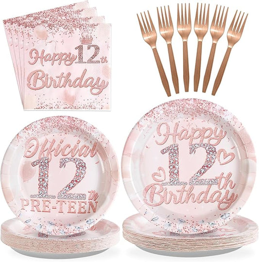 Grencian 12th Birthday Decorations Rose Gold 12th Birthday Plates and Napkins Disposable Rose Gold Official 12 Pre-Teen Paper Tableware Set for Girls 12 Year Old Graduation Party Supplies, Serves 24