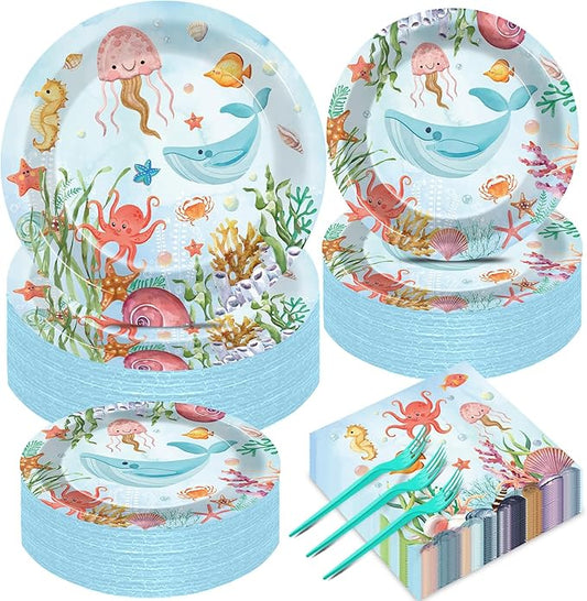 gisgfim 50 Guests Under the Sea Party Decorations Plates and Napkins Ocean Animals Birthday Paper Plates Napkins Tableware Set Underwater Sea Life Party Supplies for Birthday Baby Shower 200Pcs