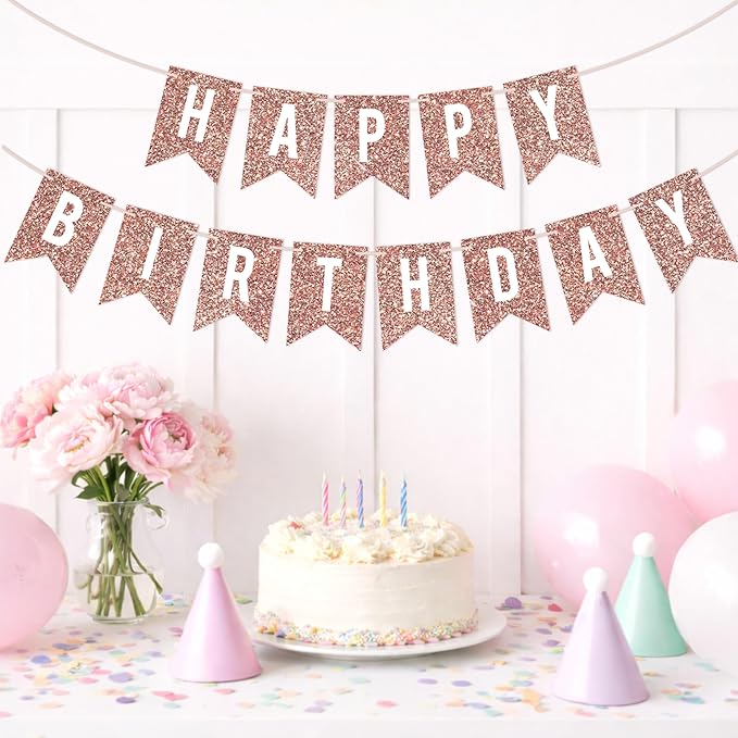 Pre-strung Happy Birthday Banner - No DIY - Rose Gold Glitter Birthday Party Banner - Pre-strung Garland on 6 ft Strands - Rose Gold Bday Party Decorations & Decor. Did We Mention No DIY