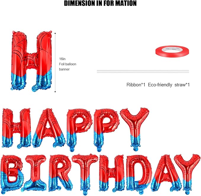 CANREVEL Happy Birthday Banner 13pcs 16 Inch Mylar Foil Letters Sign Balloons Spider Theme Birthday Party Decorations for Kids and Adults