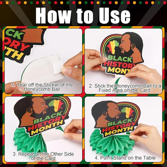 JULMELON 8PCS Black History Month Table Decorations, 3D Double Sided Black History Month Table Centerpieces, African American Honeycomb Office Decor for Party