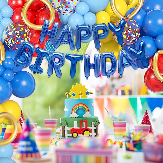 123Pcs Red Yellow Blue Balloons Garland Includes Foil Confetti Mixed Sizes Latex Balloon for Birthday Decorations, Baby Shower, Carnival, Circus, Party Supplies, Backdrop Decor