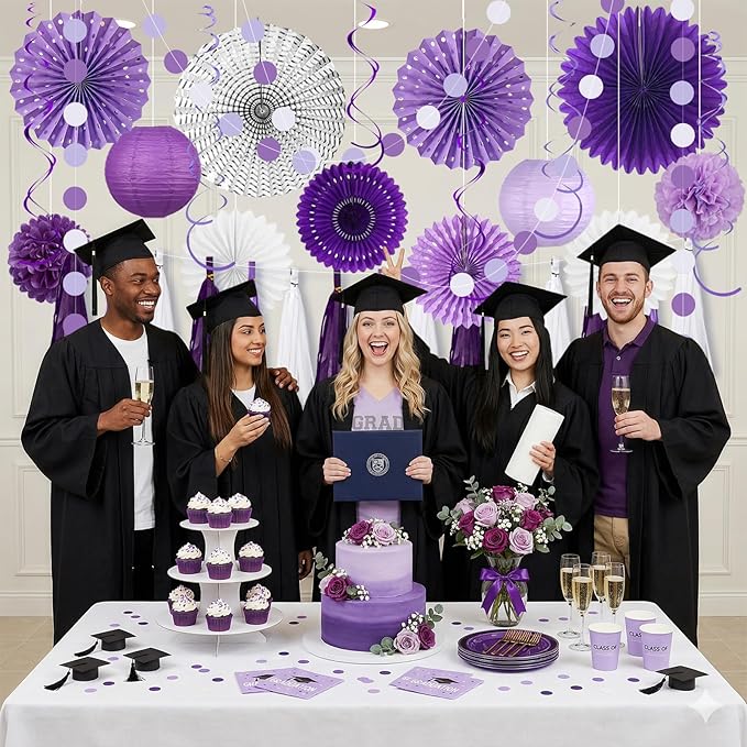 MEIDUO 34 Pcs Purple Decorations for Party, Hanging Paper Lanterns Fans Pom Poms Set, Purple and White Graduation Decorations, Lavender Birthday Decorations for Women Girls