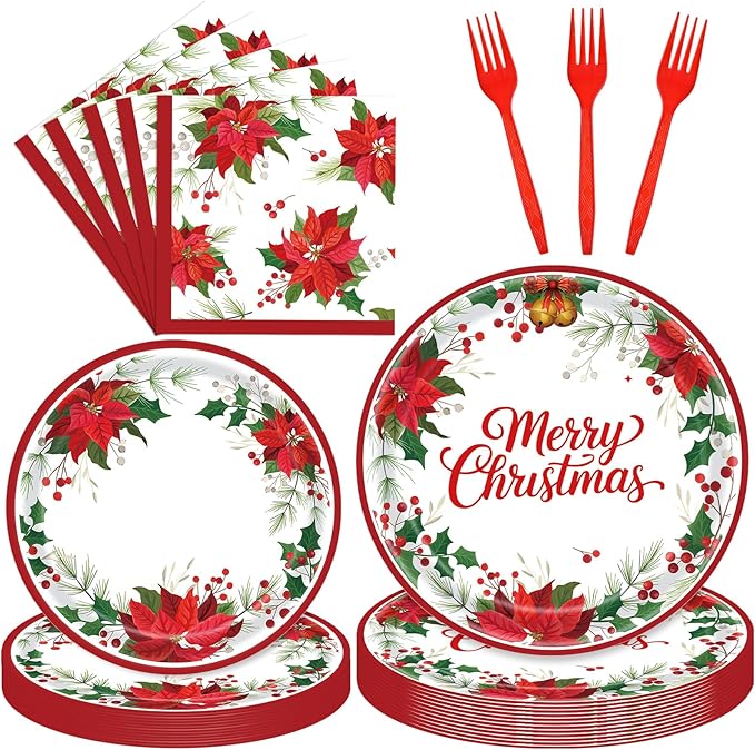 96 Pieces Christmas Poinsettia Tableware Set ??Merry Christmas Disposable Plates, Napkins, Forks Party Supplies with Holiday Flower and Holly Designs for Xmas Parties Celebrations ??Serves 24 Guests