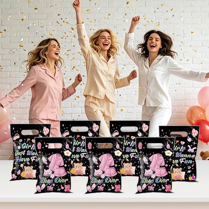 MOIZYNG 50Pcs Sleepover Party Favor Bags with Handles, Cute Pajama Sleep Over Plastic Candy Treat Goodie Gift Bags for Girls Just Wanna Have Fun Slumber Party Supplies