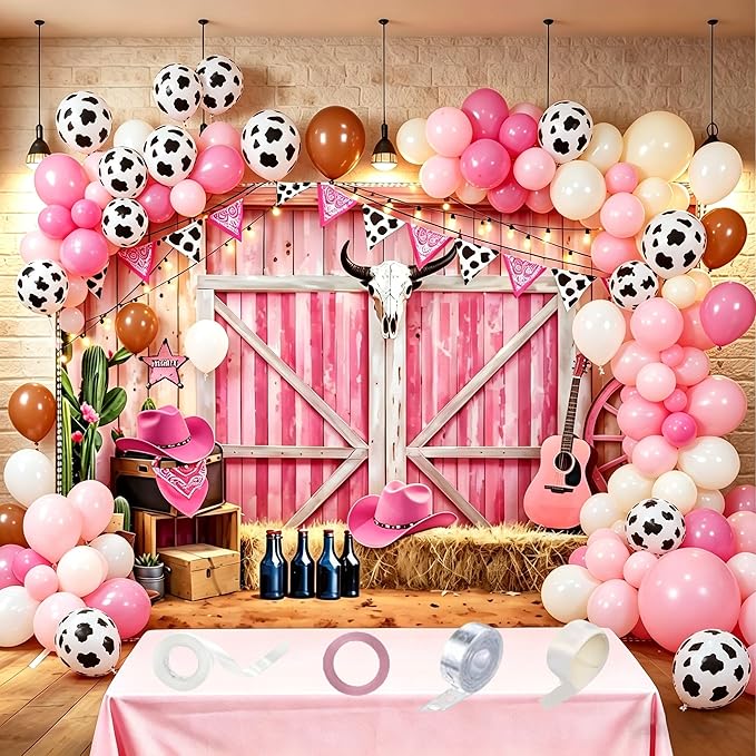 74Pcs Cowgirl Party Pink Western Balloon Arch Kit 7x5Ft Cowgirl Backdrop with Tablecloth, 68 Balloons West Rodeo Photo Booth Prop for Girls Cowboy Birthday Party