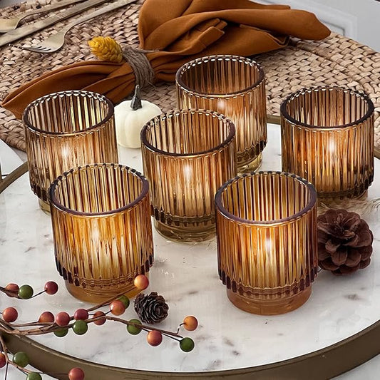 Kate Aspen 24PCS Vintage Ribbed Amber Glass Tealight & Votive Candle Holders, Fall Decor, Boho Decor, Shelf Decoration for Wedding, Bachelorette, Bridal Shower & Anniversary