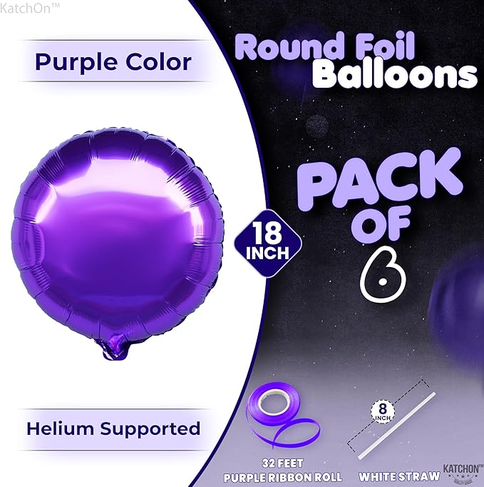 Katchon, Metallic Purple Mylar Balloons - 18 Inch, Pack Of 6 | Purple Foil Balloons for Halloween Decorations | Foil Balloon for Graduation Decorations 2026 | Unicorn, Mermaid Party Decorations