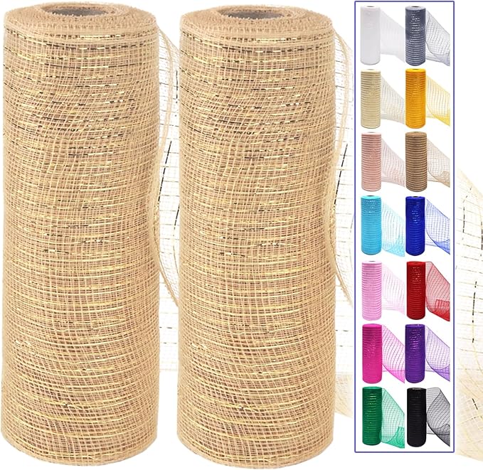 2 Pcs Champagne Gold Deco Mesh Ribbon Rolls 10 Inch 10 Yards(30 ft) Decorative Mesh Fabric with Foil for Wreaths Christmas Tree Ribbon Door DIY Craft Halloween Decor Wedding Party Supplies, Champagne