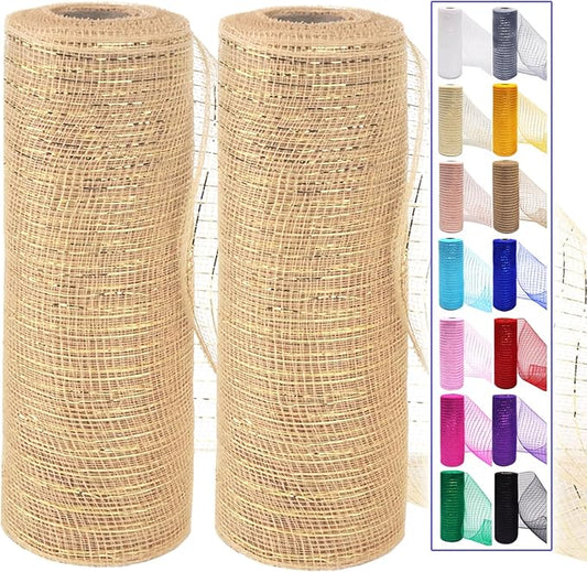 2 Pcs Champagne Gold Deco Mesh Ribbon Rolls 10 Inch 10 Yards(30 ft) Decorative Mesh Fabric with Foil for Wreaths Christmas Tree Ribbon Door DIY Craft Halloween Decor Wedding Party Supplies, Champagne